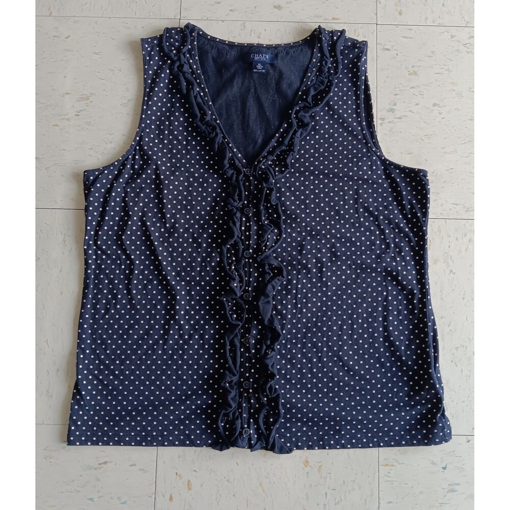 Lauren Ralph Lauren Navy White Polka Dot Ruffle Neck Sleeveless Top Size XL